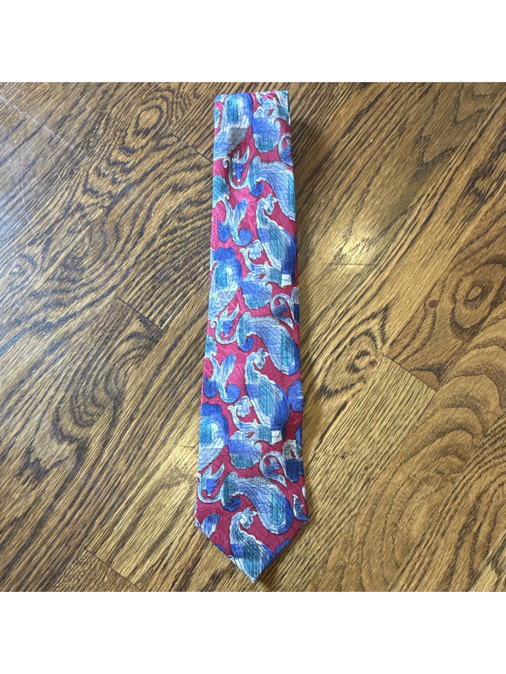 VTG Oleg Cassini 100% Silk Woven Red Blue Teal White Paisley Men’s Tie Classic